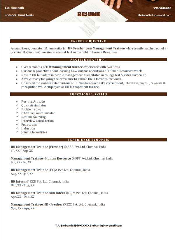 resume format for mba hr internship